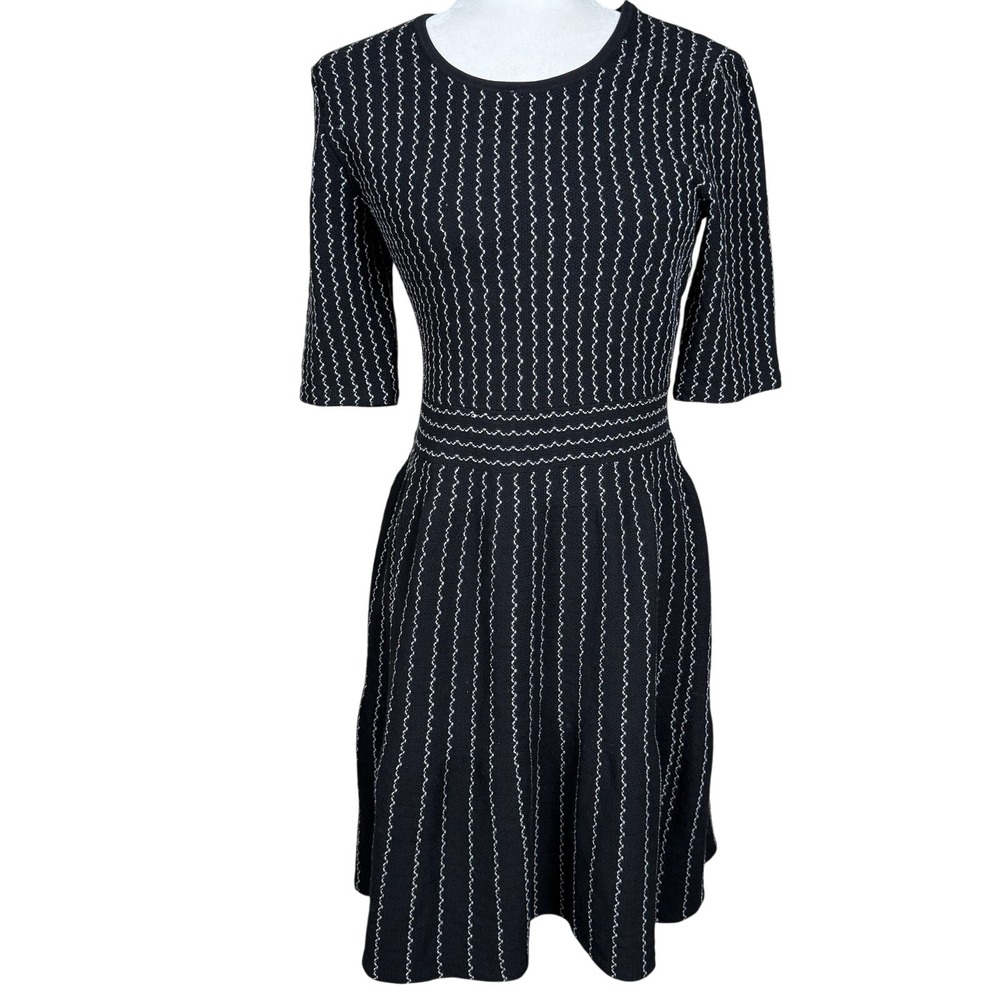 Saks Fifth Avenue Knit Sweater Dress Womens Small Black White Fit Flare Midi